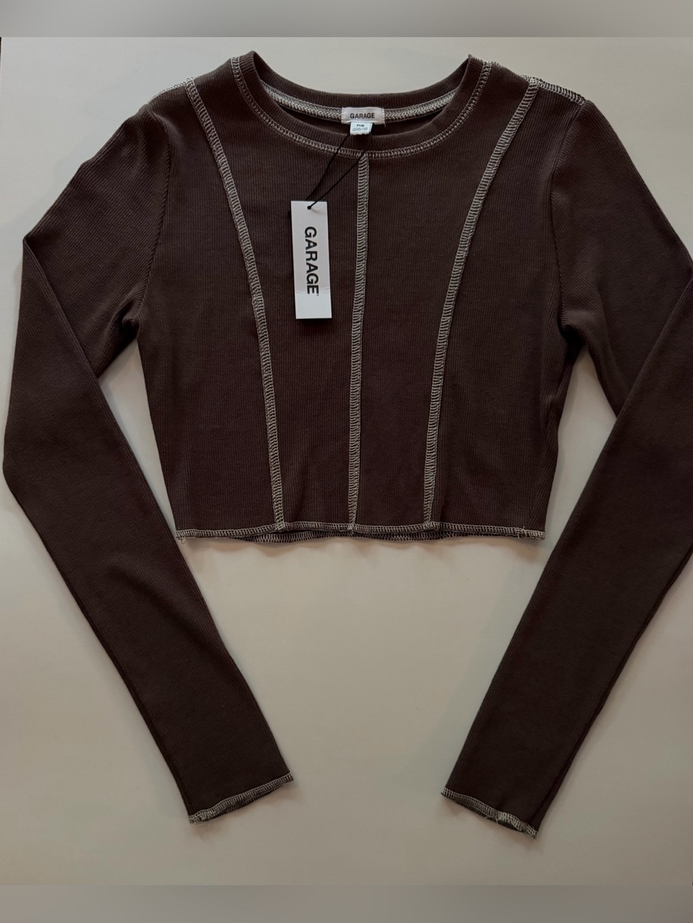 Garage Brown Long-Sleeve Cropped Seam-Accent Top